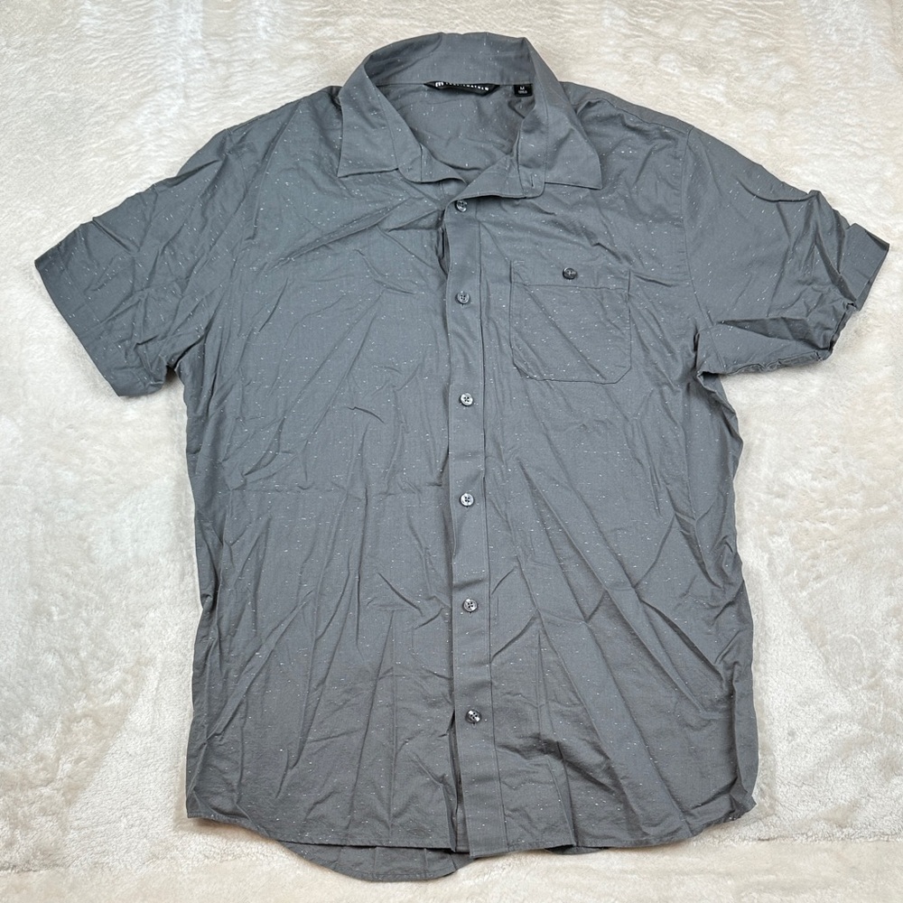 Travis Mathew Charcoal Short Sleeve Button-Up with Subtle Speckle